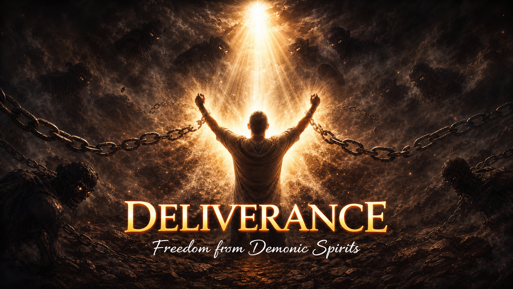 A man breaking free from chains beneath radiant light with the words Deliverance — Freedom from Demonic Spirits